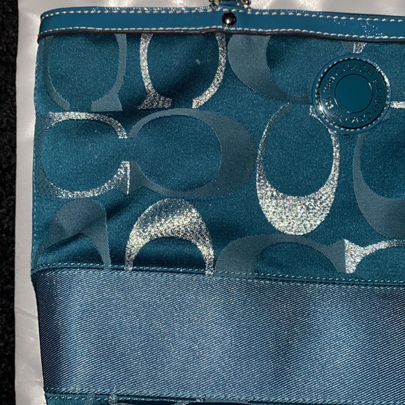 Pre loved Coach signature stripe, 3 teal metallic tote shoulder bag. - Picture 3 of 9